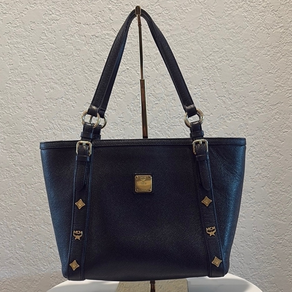 MCM Black Leather Tote with Gold Hardware